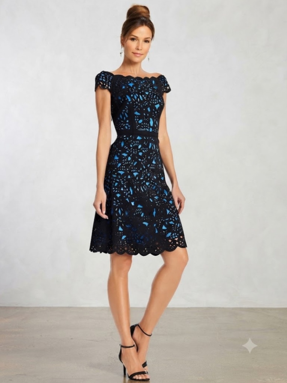 Shani: Laser Cut Floral Off the Shoulder Fit & Flare Cocktail Dress (NWT)